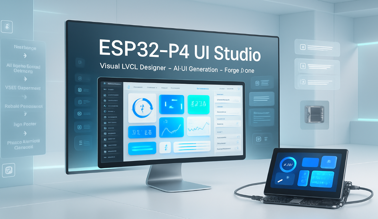 Official ForgeUI Studio splash artwork showing an ESP32-P4 UI design workstation and connected touchscreen